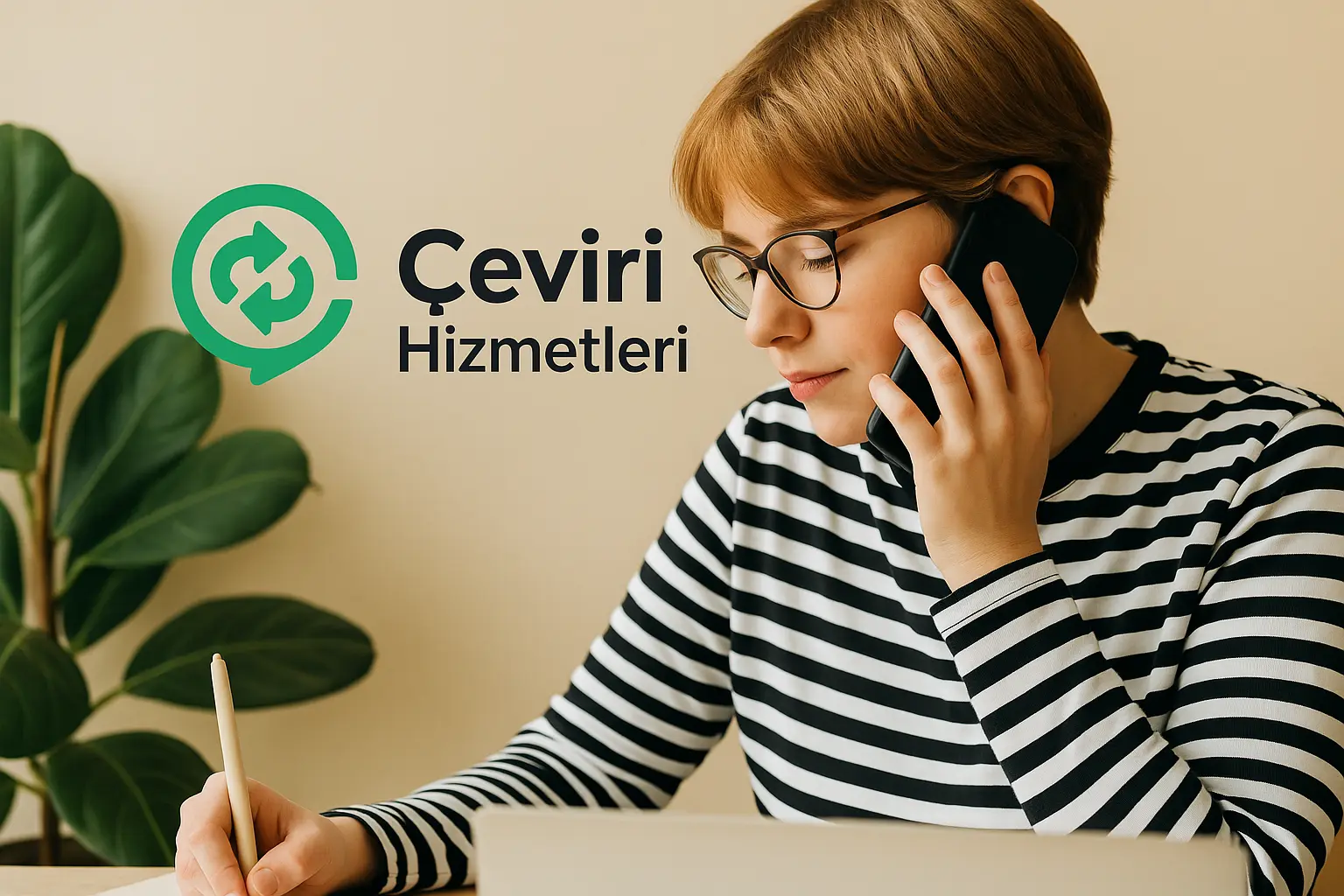 Profesyonel çevirmen, Çeviri Hizmetleri ofisinde telefonda müşteriyle görüşürken not alıyor