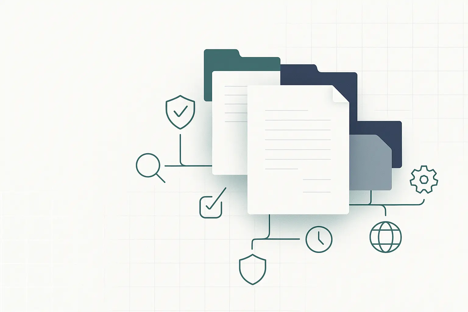 Çeviri Kaynak Merkezi için soyut hero: doküman ve klasör illüstrasyonları; arama, QA, gizlilik, küre ve zaman simgeleri.