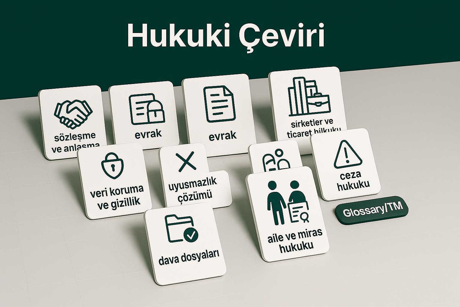 Hukuki Çeviri piktogram kartları: sözleşme ve anlaşma, uyuşmazlık çözümü, şirketler ve ticaret hukuku, dava dosyaları, gayrimenkul hukuku, evrak, veri koruma ve gizlilik hukuku, aile ve miras hukuku, ceza hukuku; yanında küçük “Glossary/TM” ve “NDA · ISO 17100” rozetleri.
