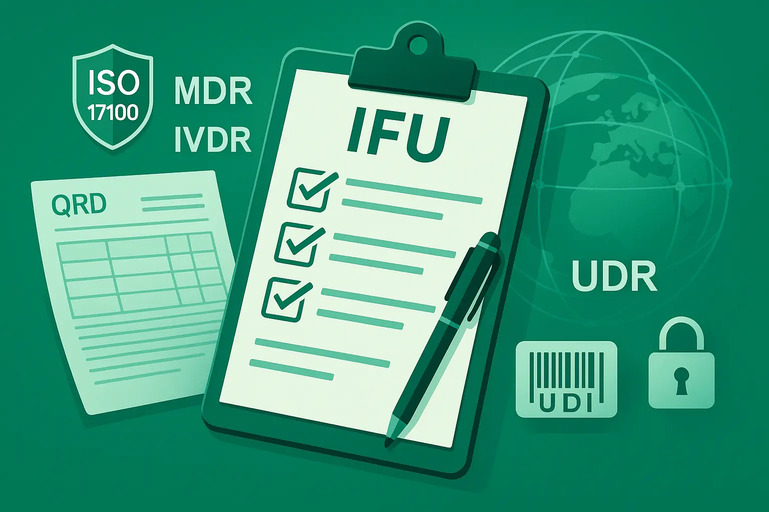 IFU çevirisi kontrol listesi; MDR/IVDR, ISO 17100 rozeti, QRD tablo, UDI barkod ve kilit simgesiyle düzenleyici uyumu anlatan illüstrasyon.