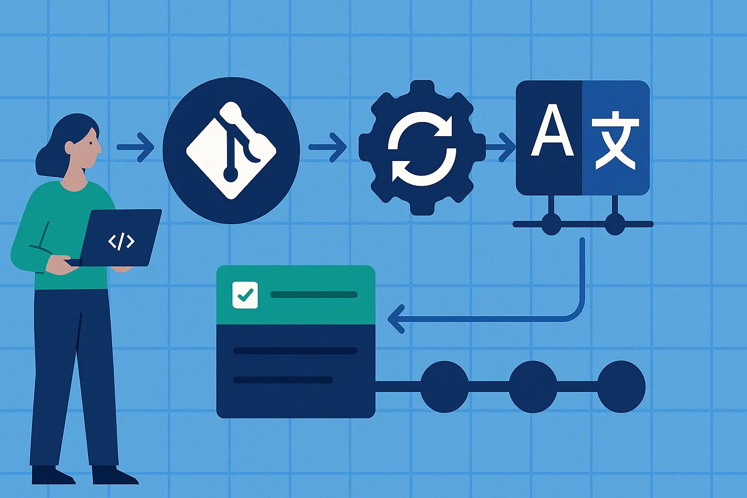 Sürekli yerelleştirme akışı için CI/CD şeması – otomasyon, LQA, zamanında teslim.