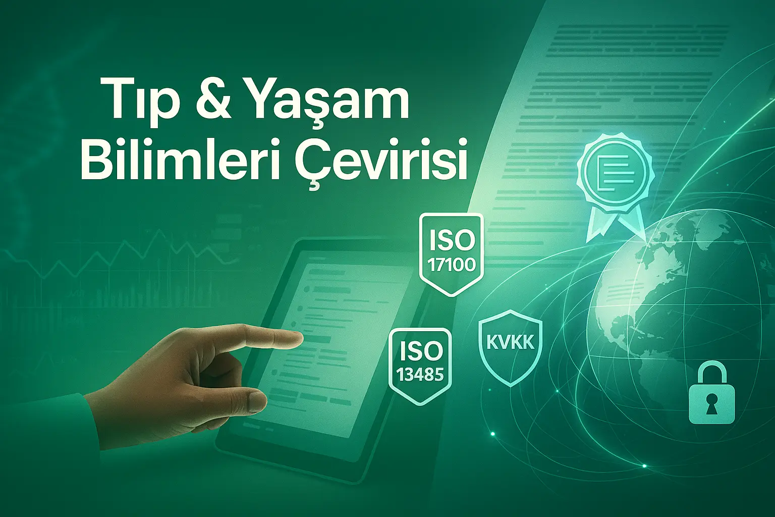 Regülasyon odaklı tıbbi & yaşam bilimleri çeviri hero; DNA ve veri grafikleri, tablet, resmi mühür/globe; ISO 17100/13485, KVKK simgeleri.