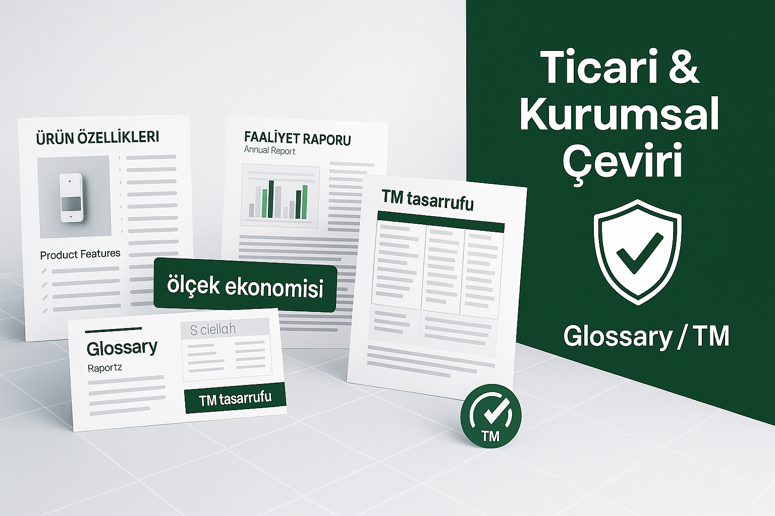InDesign tarzı katalog sayfası, faaliyet raporu grafikleri ve RFP/ihale sayfası; TR–EN parçacıklar, Glossary/TM rozeti ve “TM tasarrufu” göstergesiyle kurumsal–ticari çeviri hero.