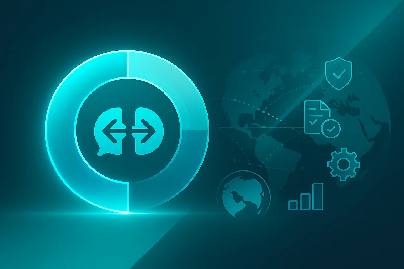 Konuşma balonu içinde çift ok; arka planda küresel ağ ve güvenlik, mevzuata uyum, süreç ve analitik ikonları; B2B çeviri hizmetleri ve yerelleştirme vurgusu.