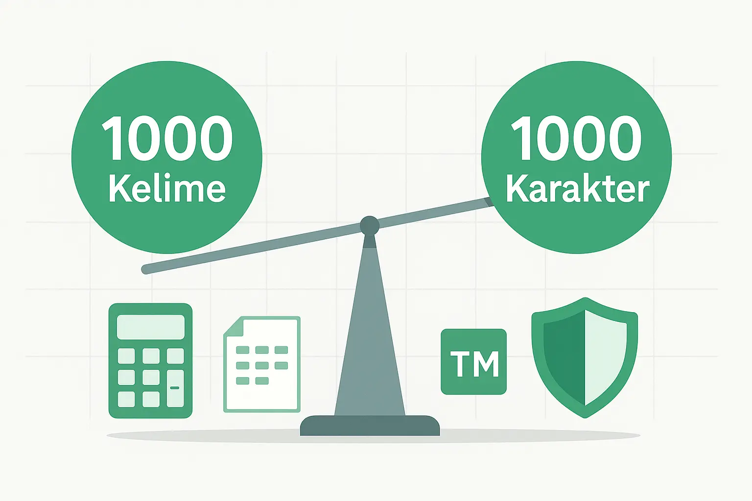 Kelime–karakter ayrımı, TM indirimi ve ISO kaliteyi simgeleyen ikonlar — 1000 kelime çeviri ücreti.