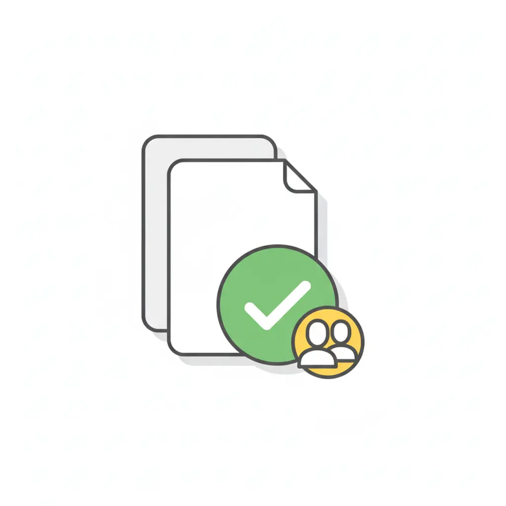 Çift belge üzerinde onay rozeti ve iki kişi simgesi — ISO 17100’da ikinci göz revizyon