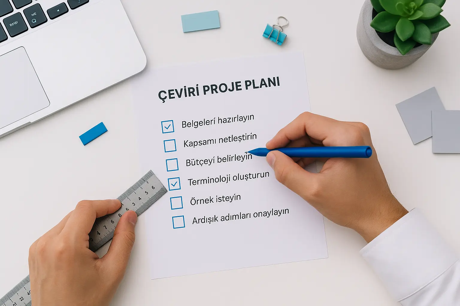 Çeviri Proje Planı: 6 adımlı kontrol listesinde madde işaretleyen proje yöneticisi (üstten görünüm)
