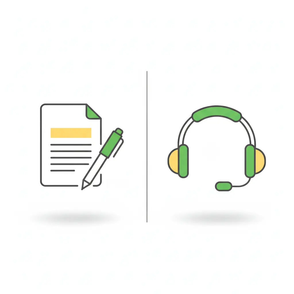 Sol tarafta belge ve kalem, sağ tarafta kulaklık ve mikrofon — çeviri ile tercüme farkı