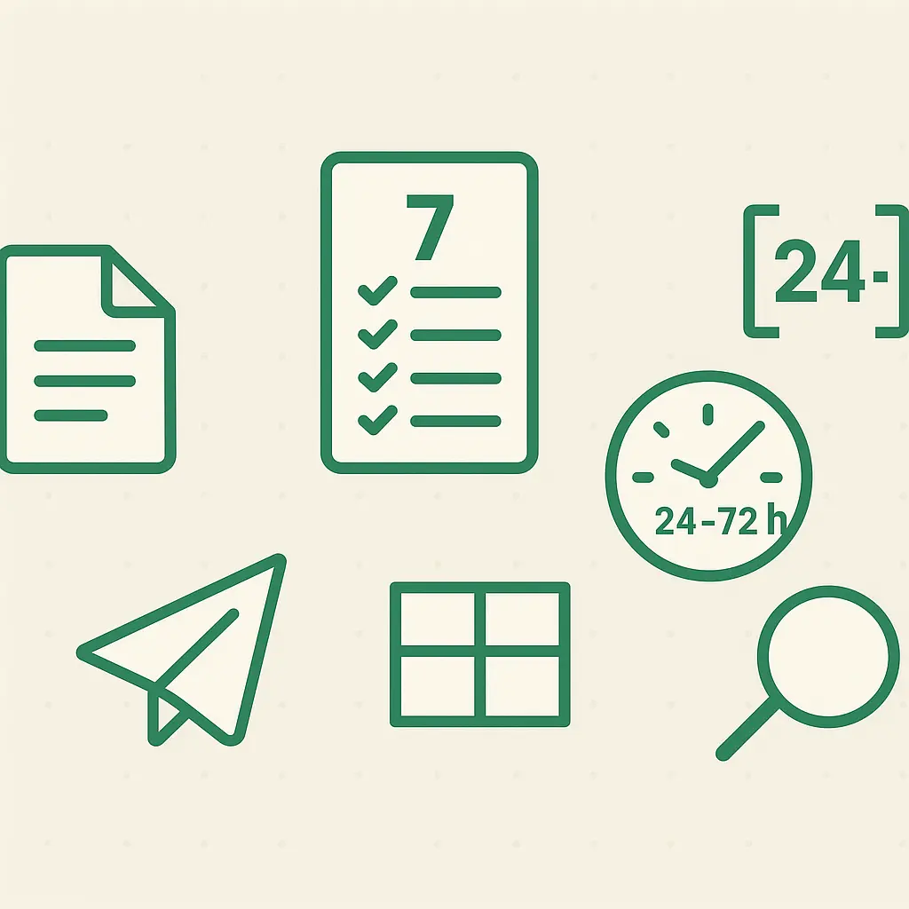 Makale çevirisi rehberi için simge tabanlı görsel: 7 adım kontrol listesi, saat (SLA 24–72), makale dosyası, kaynakça köşeli parantez [1], tablo ve gönder butonu ikonları