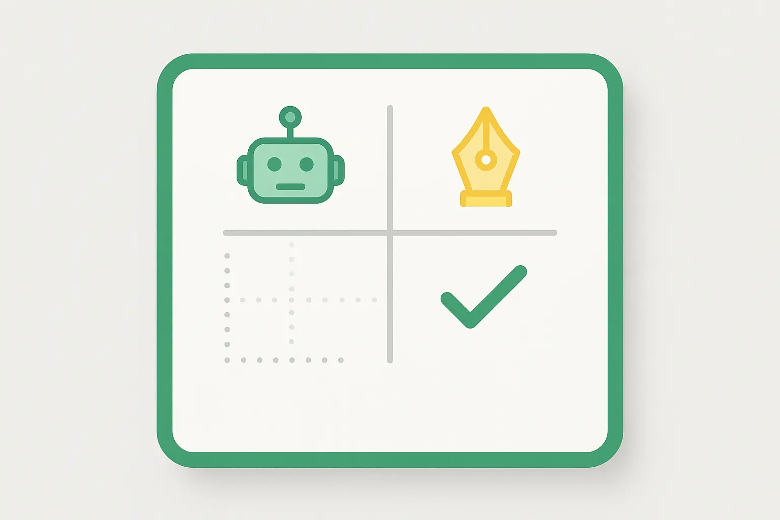 MTPE karar matrisi — insan çevirisi mi, MTPE mi? Robot ve kalem ucu simgeleriyle ISO 18587 uyumlu MTPE kararını gösteren minimal karar matrisi; hacim ve görünürlük ölçütlerine vurgu.