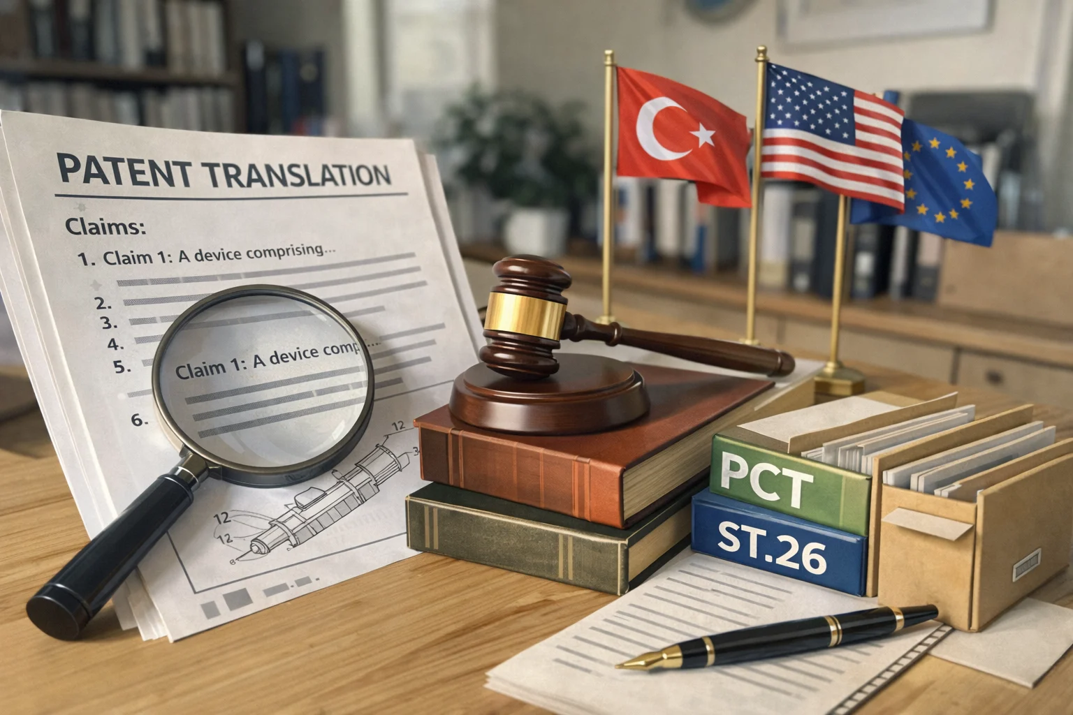 Patent çevirisini simgeleyen görsel: “Patent Translation” dokümanı ve istemler sayfası, büyüteç, hakim tokmağı ve terazi; arka planda teknik çizimler ile TR–ABD–AB bayrakları, PCT ve ST.26 klasörleri.