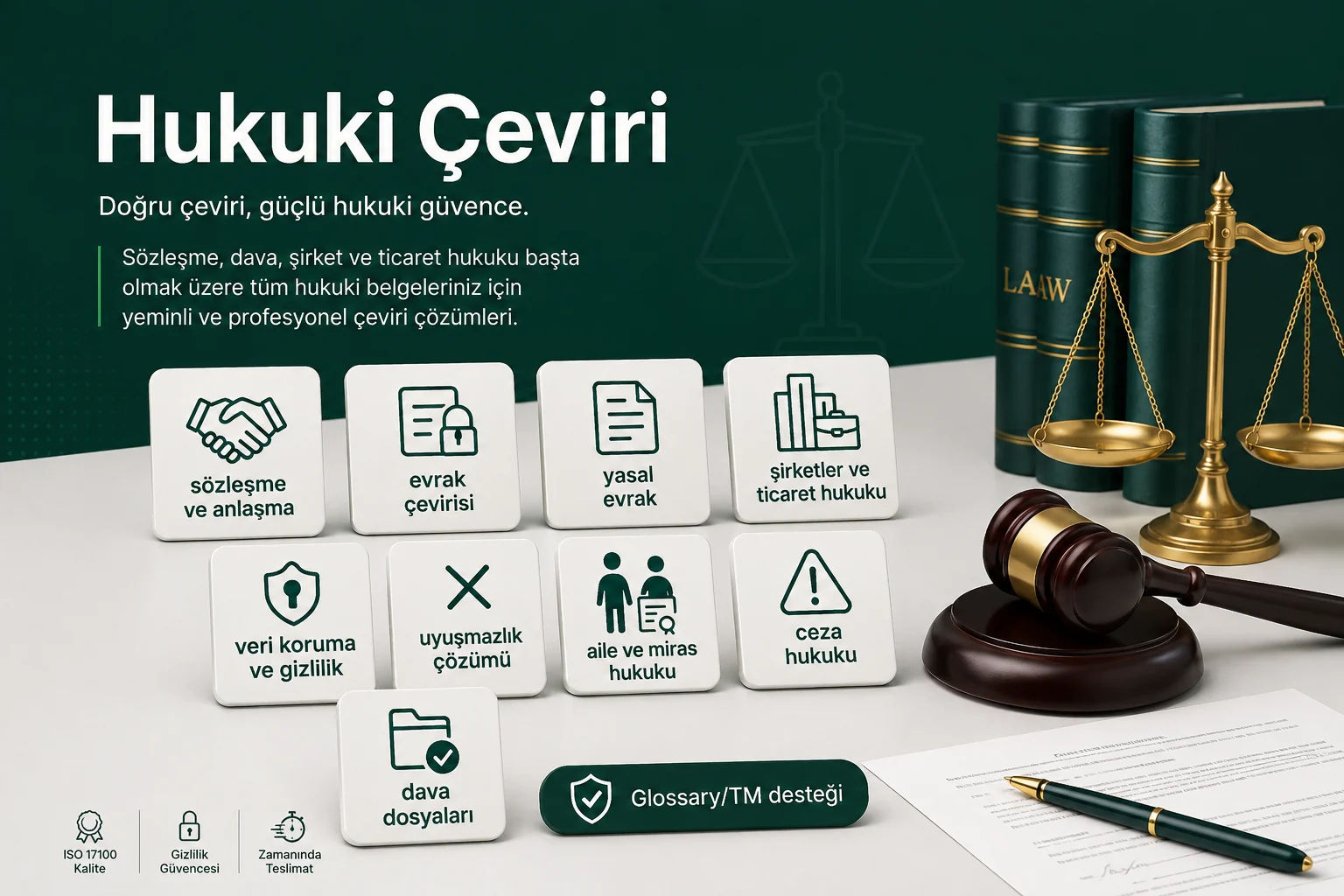 hukuki çeviri hukuki çeviri piktogram kartları: sözleşme ve anlaşma, uyuşmazlık çözümü, şirketler ve ticaret hukuku, dava dosyaları, gayrimenkul hukuku, evrak, veri koruma ve gizlilik hukuku, aile ve miras hukuku, ceza hukuku; yanında küçük “Glossary/TM” rozeti.